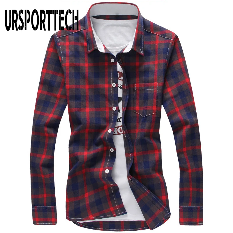 Мужская хлопковая рубашка в клетку повседневная приталенная с длинными рукавами