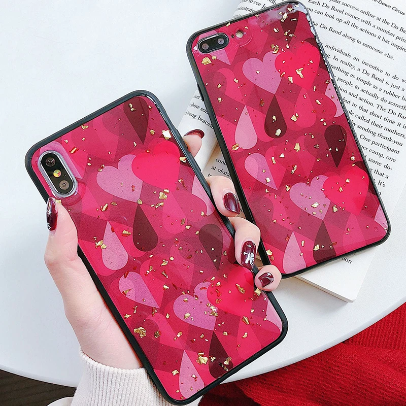 Simple Gold Foil Heart Pattern Red Phone Case for iPhone 6 6s 7 8 Plus X Xs XR Max TPU Soft Back Cover |