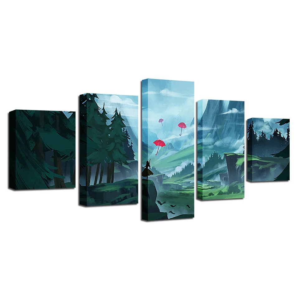 

Art Canvas Paintings Modular 5 Pieces Umbrella Forest Mountain Landscape Pictures Printing Decoration Living Room Wall HD Poster