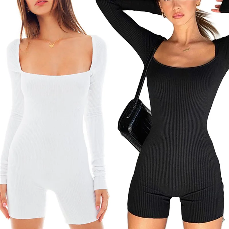 

Women’s Knitted Sexy Tight Short Jumpsuit Rompers Fashion Ladies Solid Color Square Collar Long Sleeve Playsuits Short Pants