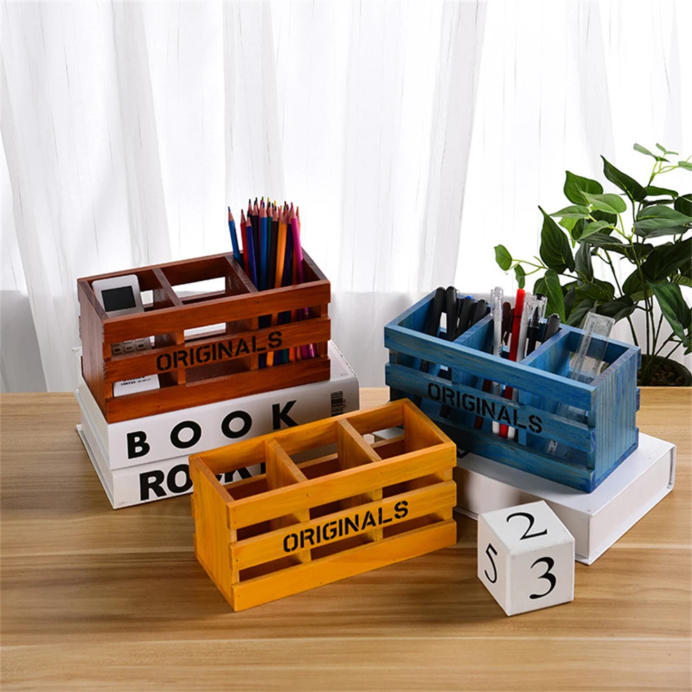 

Retro Wood Desktop Storage Three Grids Hollow Pen Holder Furniture Living Room Office Desktop Wooden Sundries Storage Box Decor