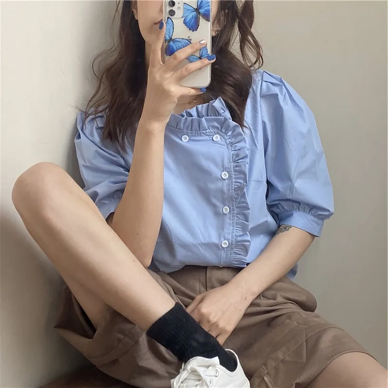 

2021 Early Spring New Blue Bubble Short-sleeved Shirt Female Design Sense of Niche Palace Style Western Style Half-sleeved Shirt