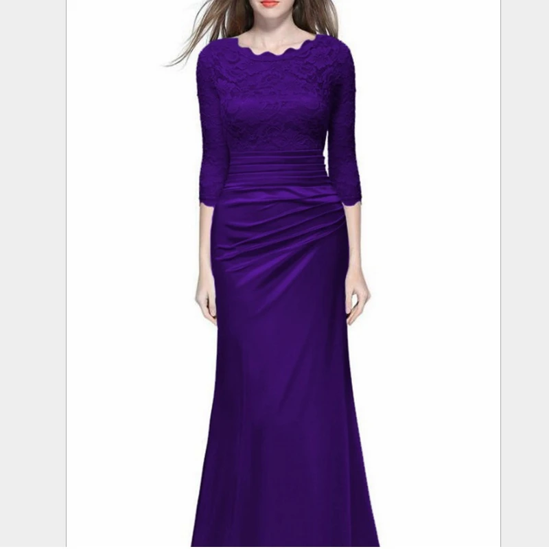 

Mandylandy Spring Vintage O-Neck Slim High Waist Three Quarter Sleeve Dress Women's Elegant Solid Color Lace Stitching Dress