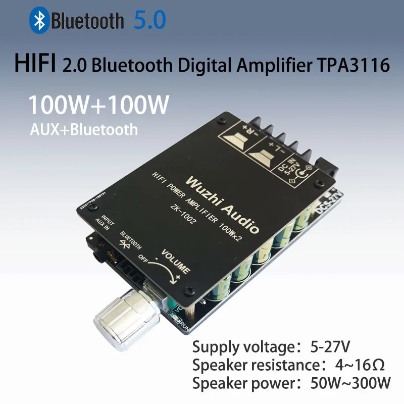

ZK-1002L 1002 100WX2 TPA3116 Mini Bluetooth 5.0 Wireless Audio Power Digital Amplifier Board Stereo DC 12V 24V Speaker Amp