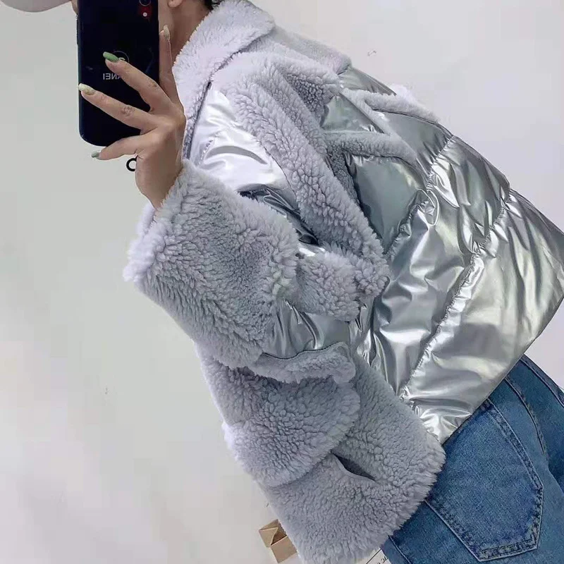

Down jacket sleeves sheep winter clothes women wool blends turn-down collar plus size parka real fur coat