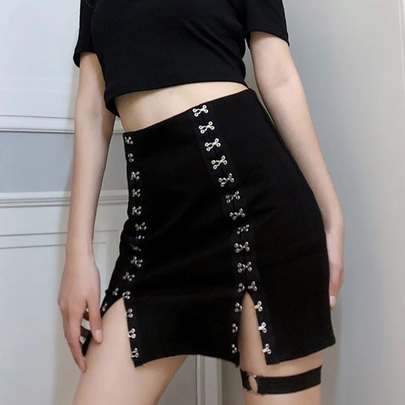 

Женская мини-юбка с разрезом и высокой талией, женская модная сексуальная облегающая юбка выше колена на пуговицах