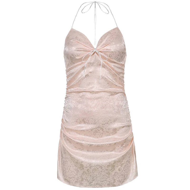 

Sexy Backless Split Skirt With Shoulder-straps Dress 2021 Summer European And American Fashion Dark Jacquard Rope Neck Dress