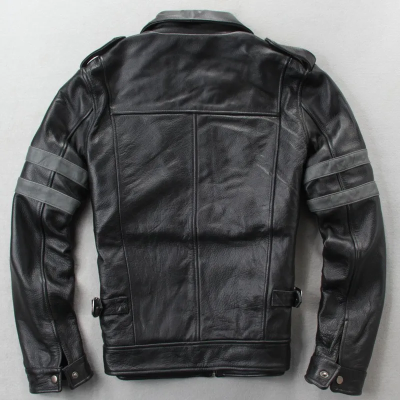 

Quality Men High Safari Style Multi Pockets Cow Leather Coat Male New Fashion Slim Fit Casual Motor Biker Genuine Leather Jacket