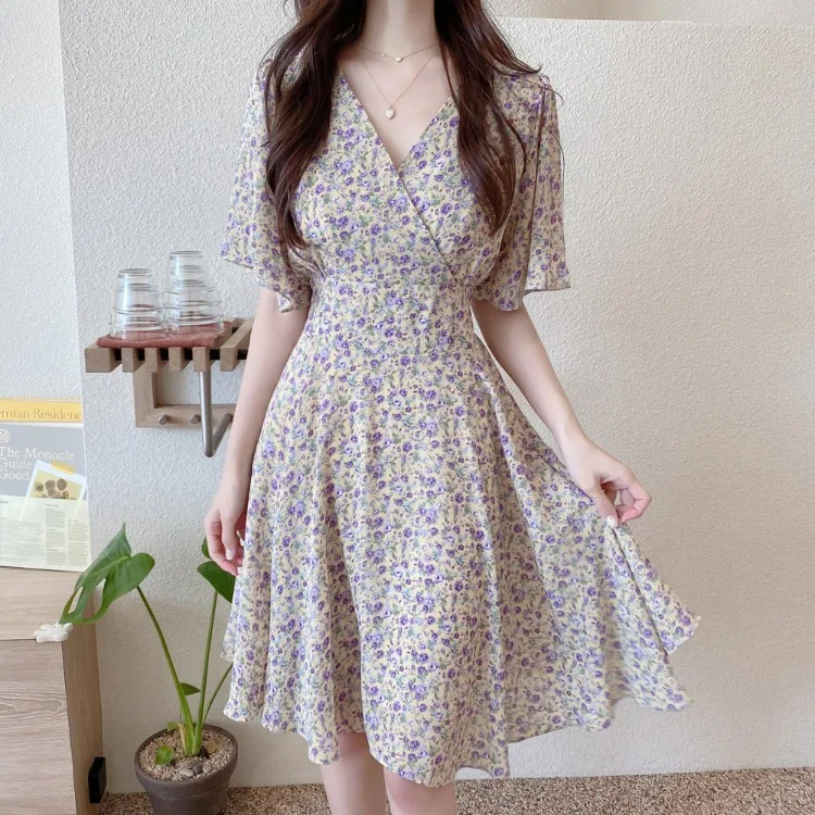 

Women Chiffon Floral Dress Female Summer French-style Waisted Slim V-neck Above-knee Dresses 7-5