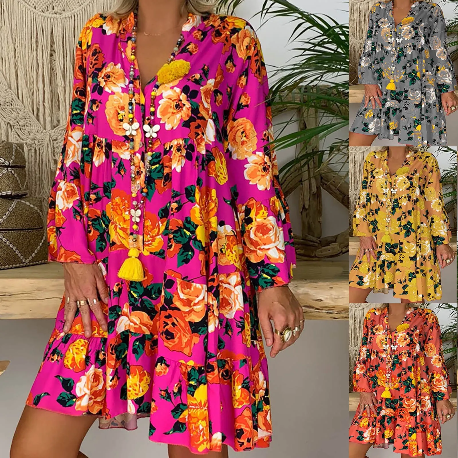 

Loose Blouse Fashion Print Three-Quarter Sleeves Ruffled Plus Size Dress Bright and bright flower print Fashion New dress