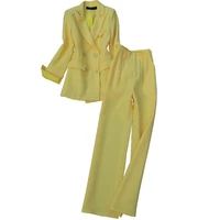 spring and autumn high quality womens trouser suit 2 piece suit double breasted yellow ladies jacket female high waist trousers