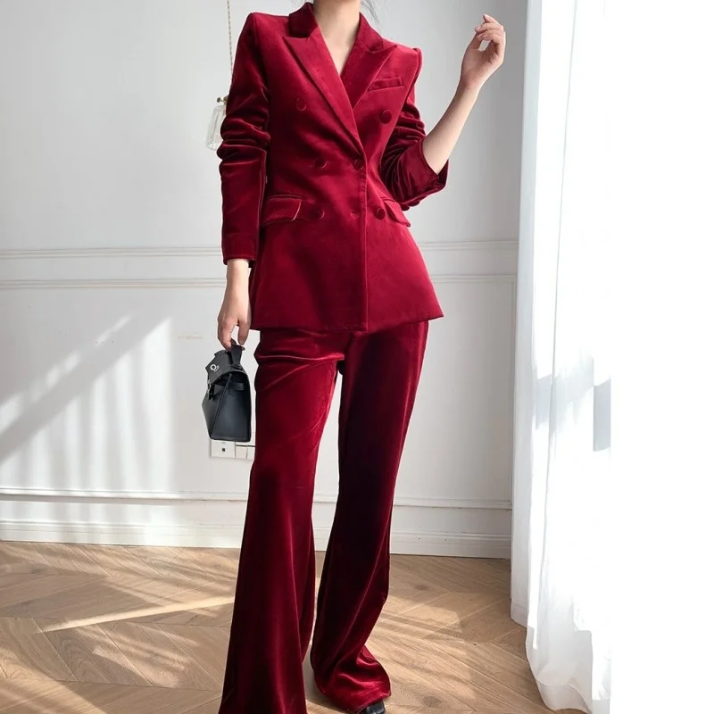 Женский офисный костюм из двух предметов элегантный красный бархатный