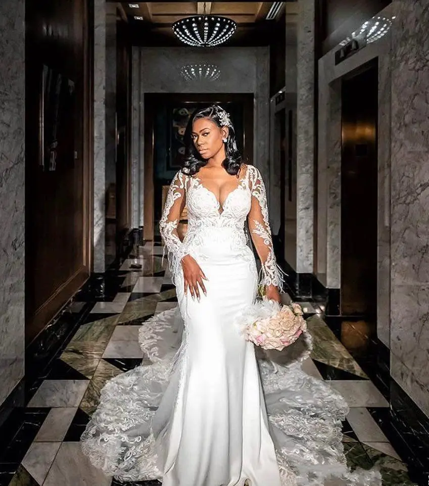 

Lace Mermaid Arabic Wedding Dresses With Detachable Train South African Lace Appliques Bridal Gowns Designer Marriage Gowns