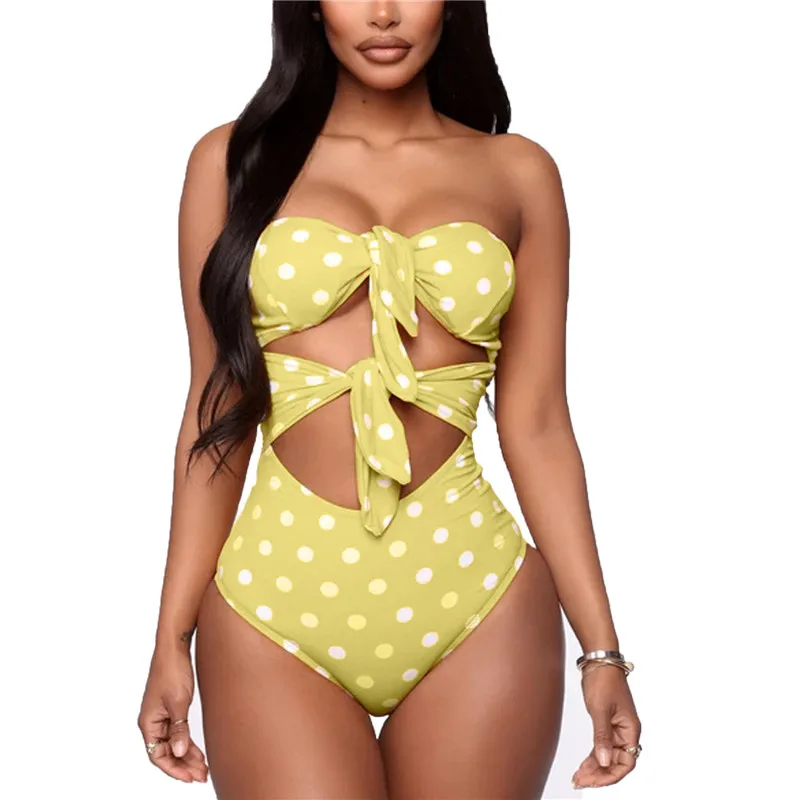 

Polk Dot Bodysuits Swimsuit 2021 Sexy Women Hollow Out Straplless Swimsuit Push Up Beachwear Lace Up Monokini Female