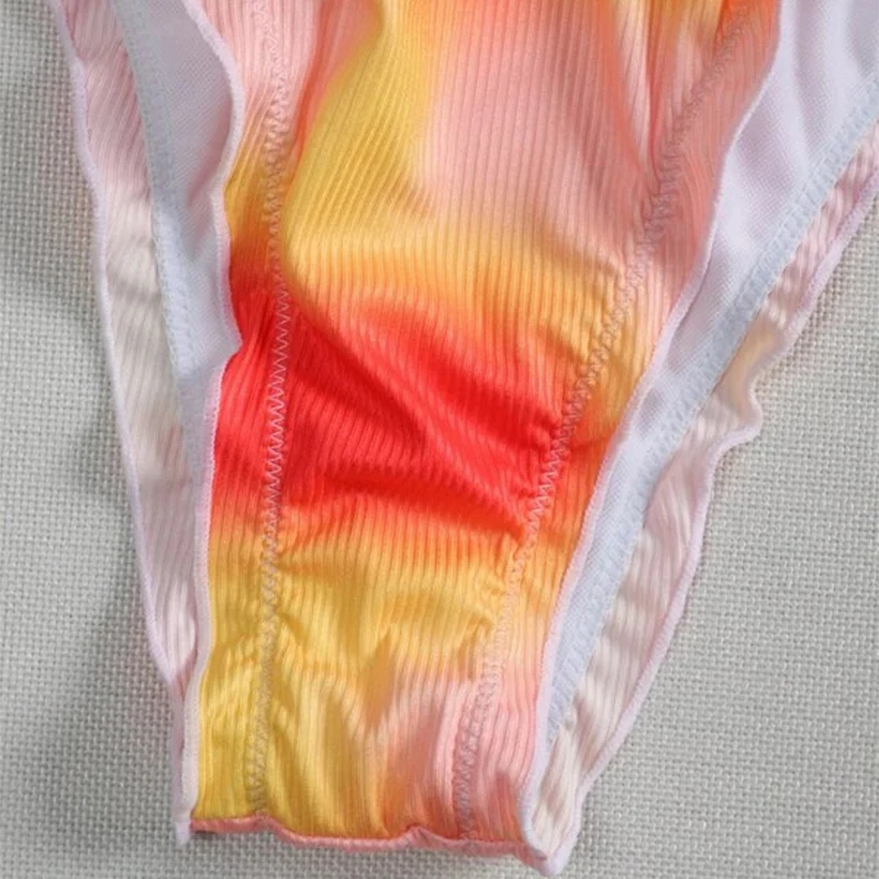 

Rib Tie Dye Push Up Pads Bikini Swimsuit Halter Bathing Suit Tied Side String Brazilian Biquini High Leg Thong Women Beach Wear