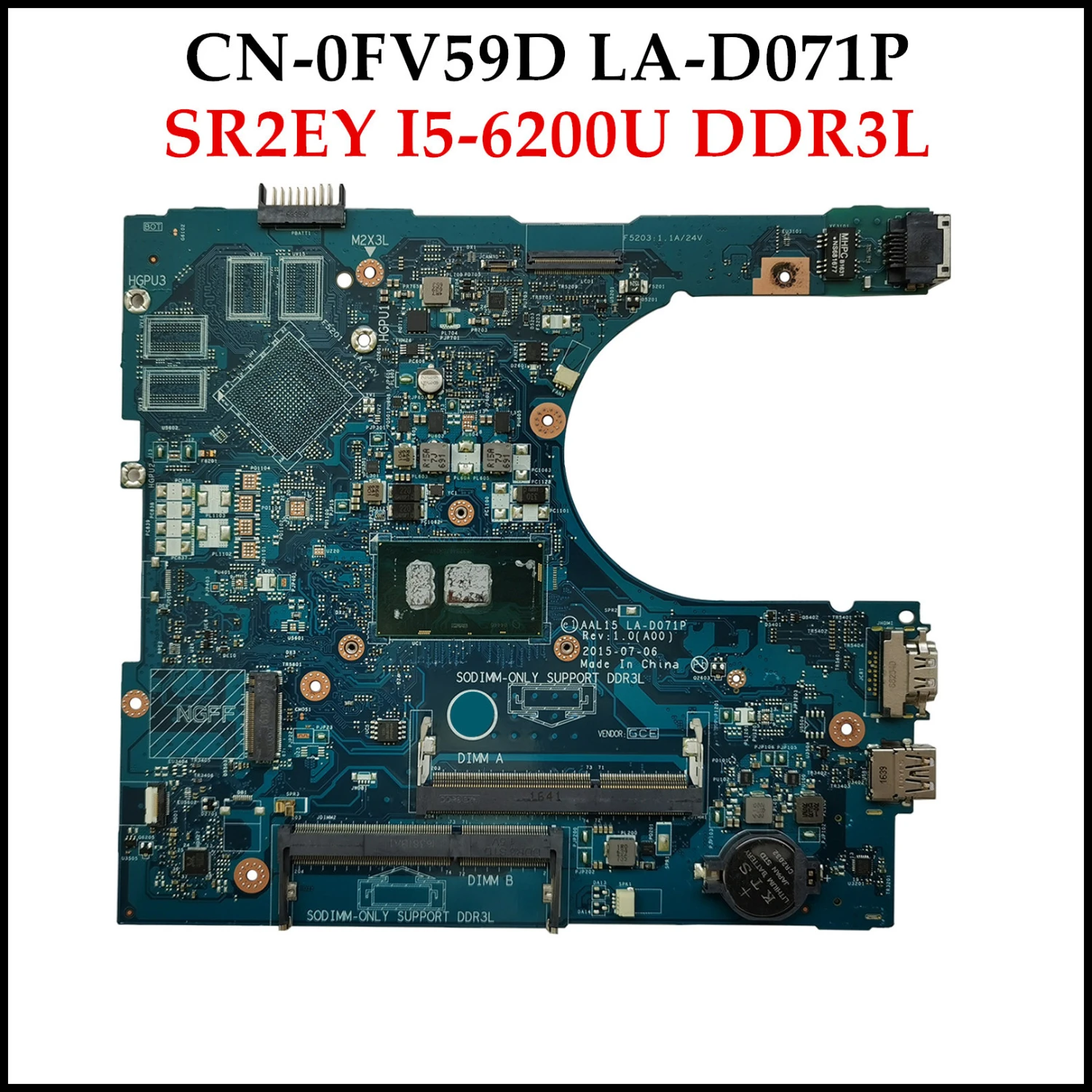 Высокое качество CN-0FV59D для Dell Inspiron 5559 материнская плата ноутбука AAL15 LA-D071P SR2EY I5-6200U