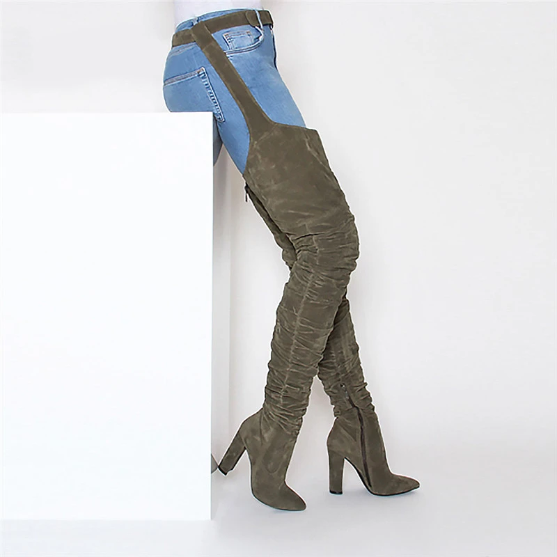 Women Sexy Waist Strap Over Thigh Knee Boots Long High Block Thick Heels Bootie with Pointed Toe Suede Leather Shoes Botas