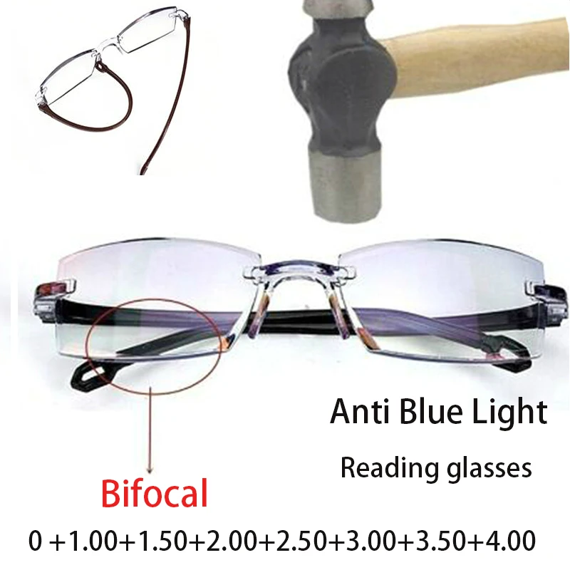 

Men Women Rimless Reading Glasses Anti Blue Light Bifocal Far Near Magnification Eyewear Presbyopic Glasses +1.50 +2.00 +2.50 +3