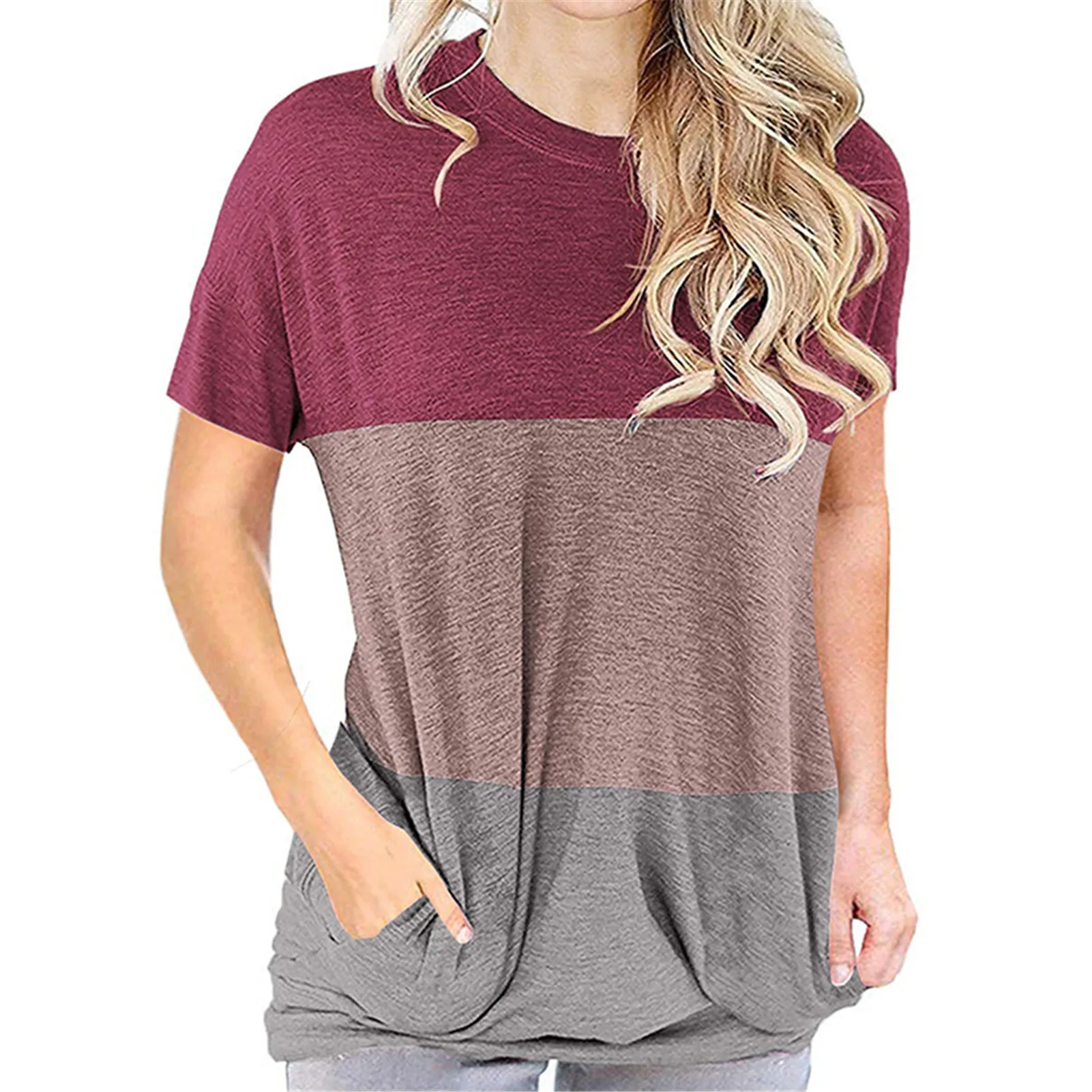 

Women's Casual Color Matching Round Neck Loose Short Sleeves T-shirt For Summer J55