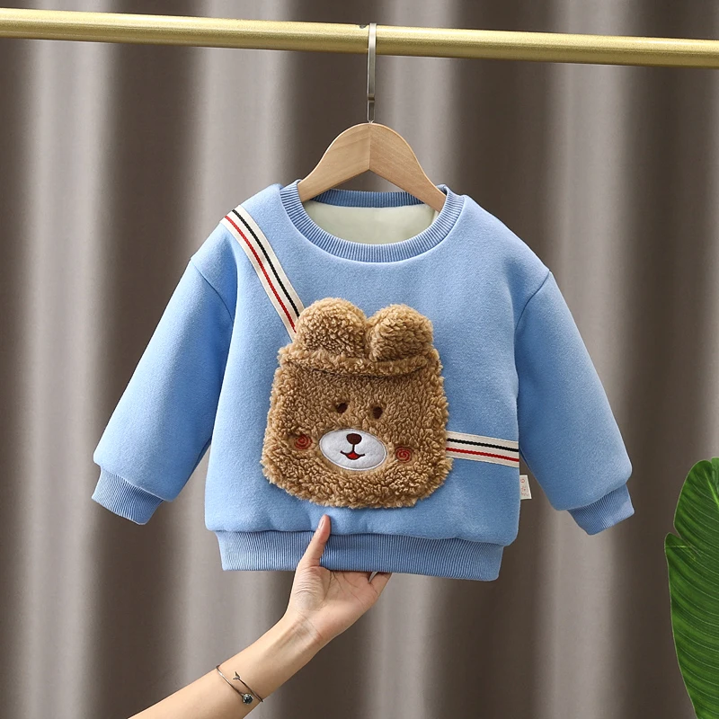 

Зима 2021, свитшоты для маленьких мальчиков и девочек, теплая плюшевая утепленная одежда для младенцев, уличные детские топы, Детский Повседневный свитер с мультяшным медведем
