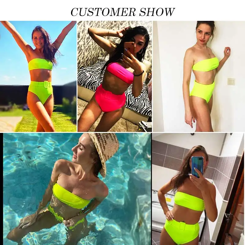 Бразильский купальник с высокой талией неоновое бикини 2020 поясом женский