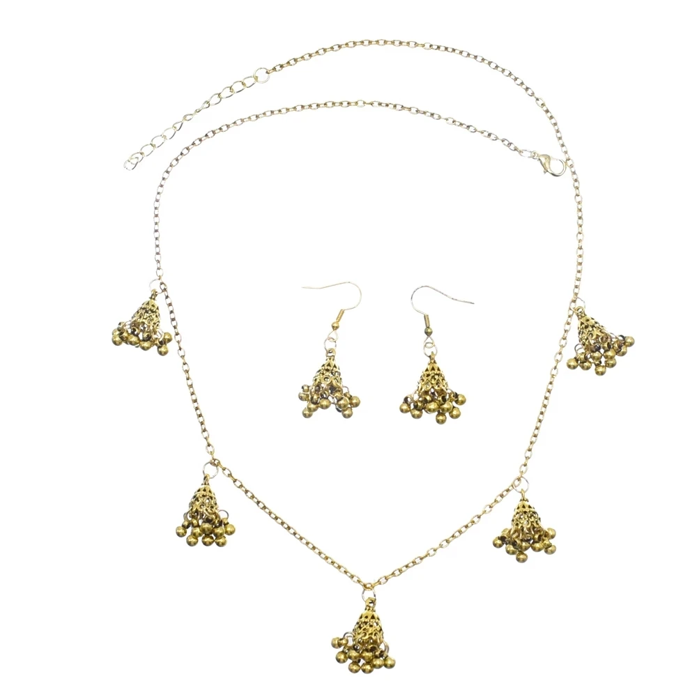 

Indian Vintage Bells Tassel Pendant Earrings Choker Necklace Set for Women Gold Silver Color Hollow Afghanistan Ethnic Jewelry
