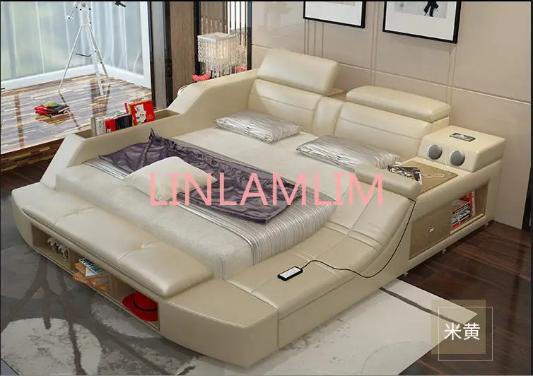 

Genuine leather bed frame Soft Beds massager storage safe speaker LED light Bedroom cama muebles de dormitorio / camas quarto