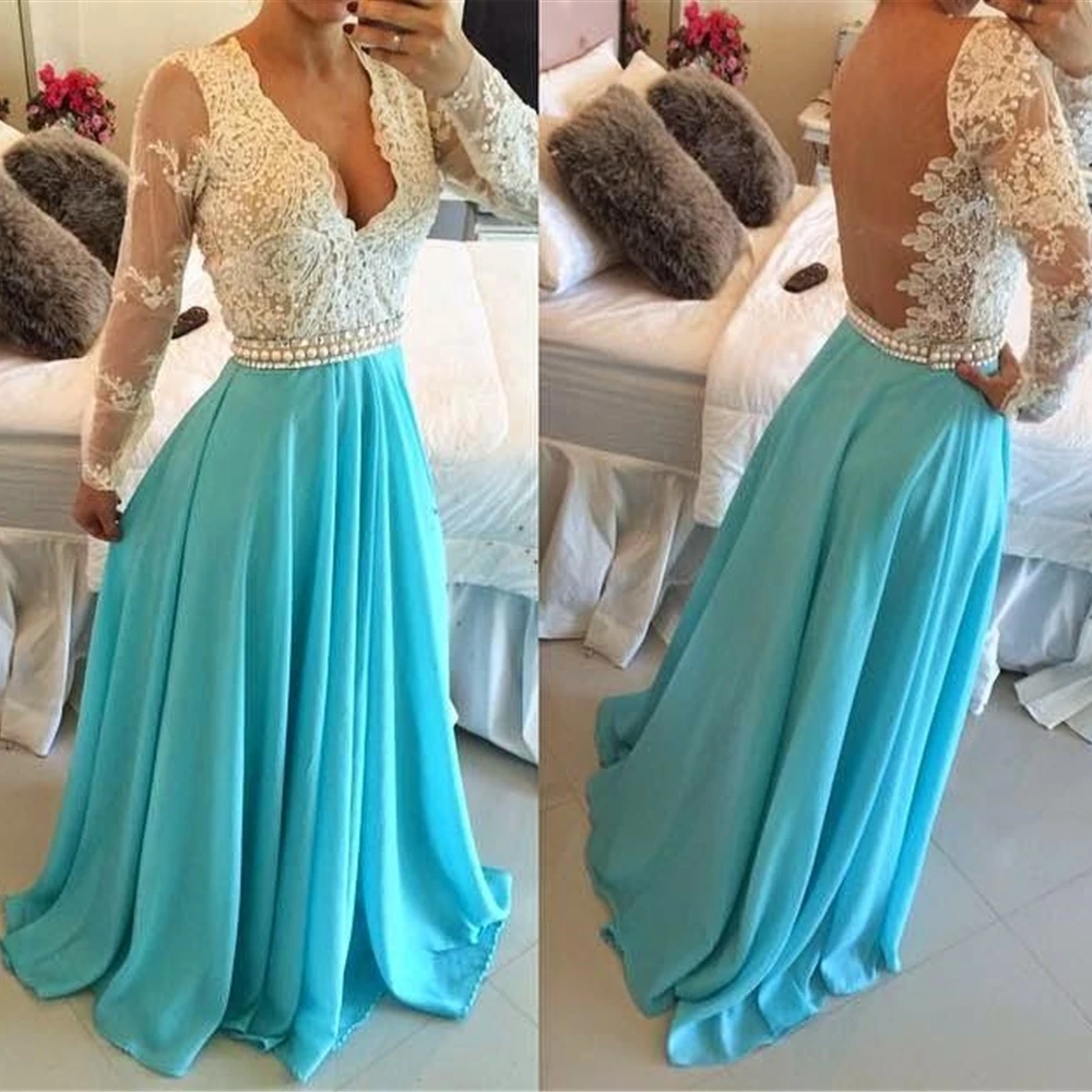 

Applique Beaded Formal Dresses V-Neck Long Sleeve Illusion Floor-Length Prom Party Gown Lace Chiffon Evening Dress Custom Sexy