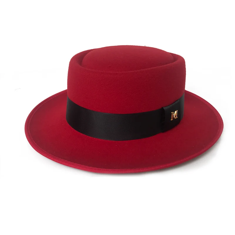 Red Pork Pie Hat 60 см фетровая шляпа для мужчин, осенняя фетровая шляпа из свинины, крушаемая шапка, зимняя фетровая шляпа Walter, Ретро стиль, Классическая церковная шляпа Trilby YY18110 - Цвет: Red Pork Pie Hat