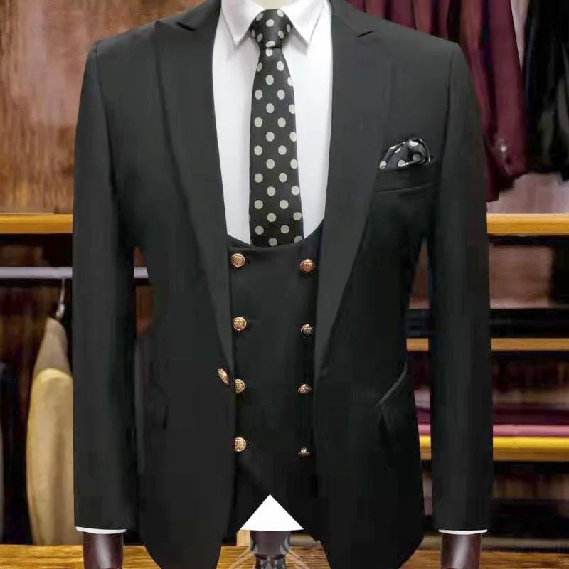 

2020 wedding Men Suits Italian Style Cotton gold button groom marriage Suits Three pieces Blazers+pants+vest Slim Fit