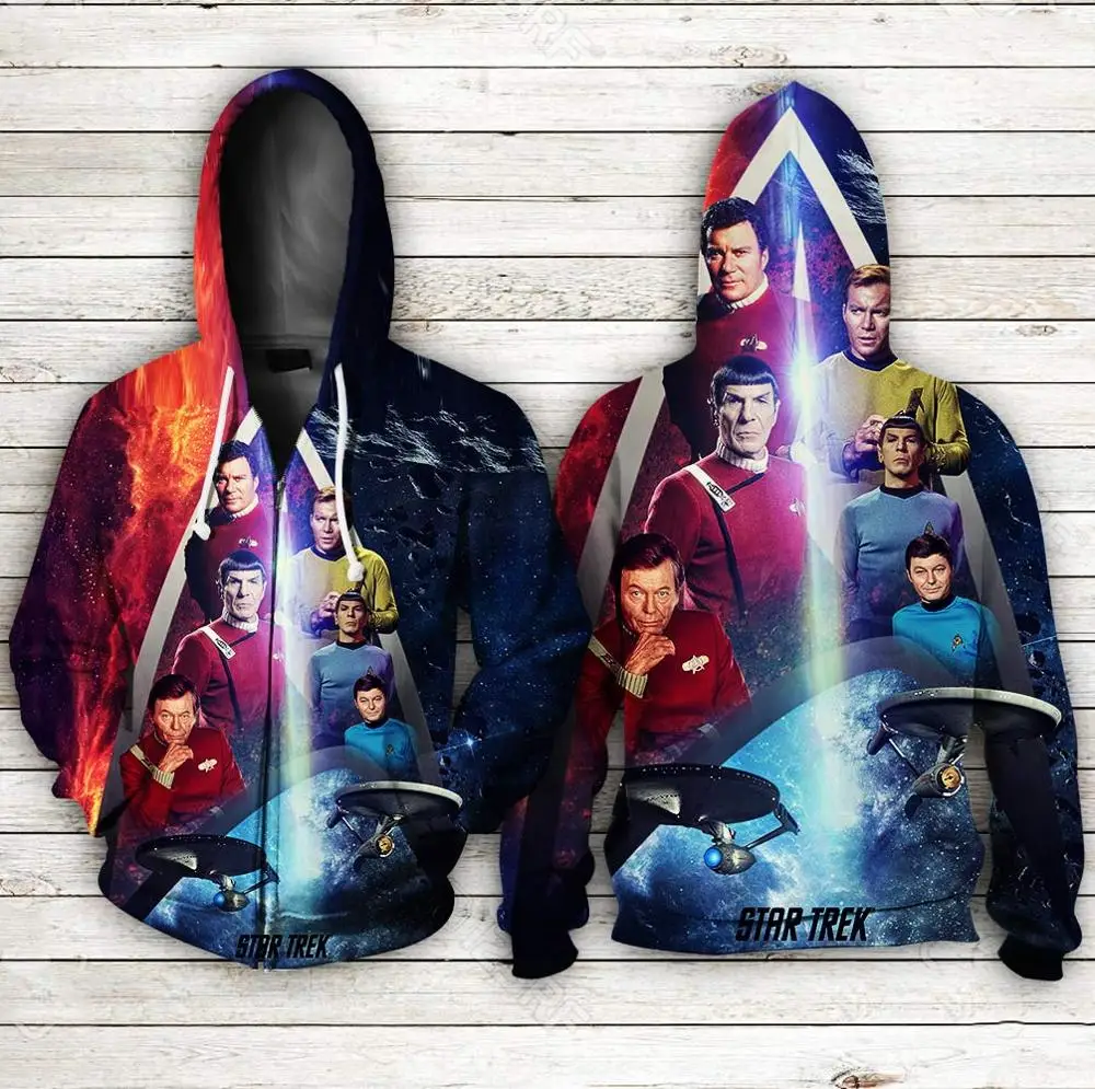 Флисовый пуловер с капюшоном на молнии 3D принтом толстовки Звездный путь женские