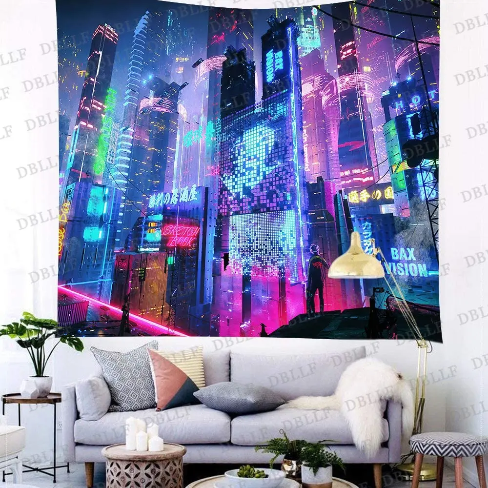 

Cyber-Punk Tapestry Cityscape Futuristic Purple Teal Wall Tapestry Flannel Tapestries Wall Hangingfor Living Room Bedroom Dorm