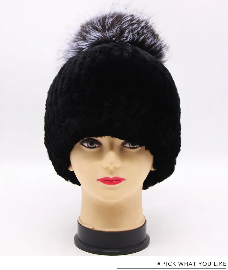Rex rabbit fur hat female winter fox fur ball thick warm knitted earmuff wool cap