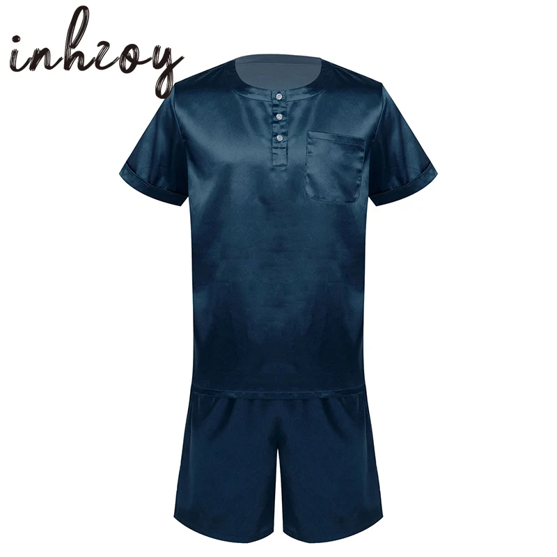 Summer Satin Pajama Sets Men Sleepwear Short Sleeve Button Tops with Shorts Sleep Bottoms Outfits Ca