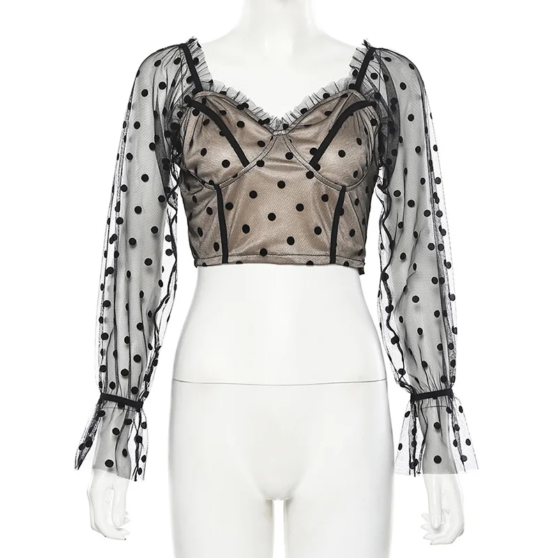 Элегантная женская блузка из сетчатой ткани прозрачная с длинным рукавом топ