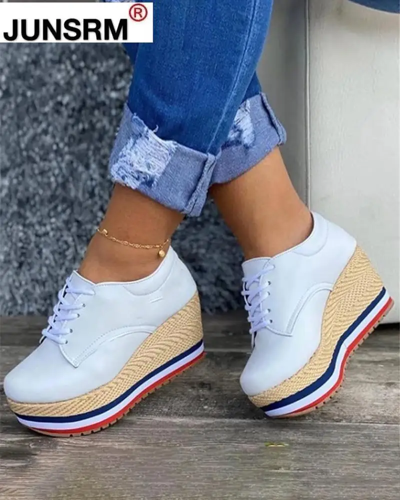 

Vulcanize Shoes Women Sneakers Ladies Solid Color Wedge Thick Shoes Round Toe Lace-Up Comfortable Platform Sneakers 2021 Fashion