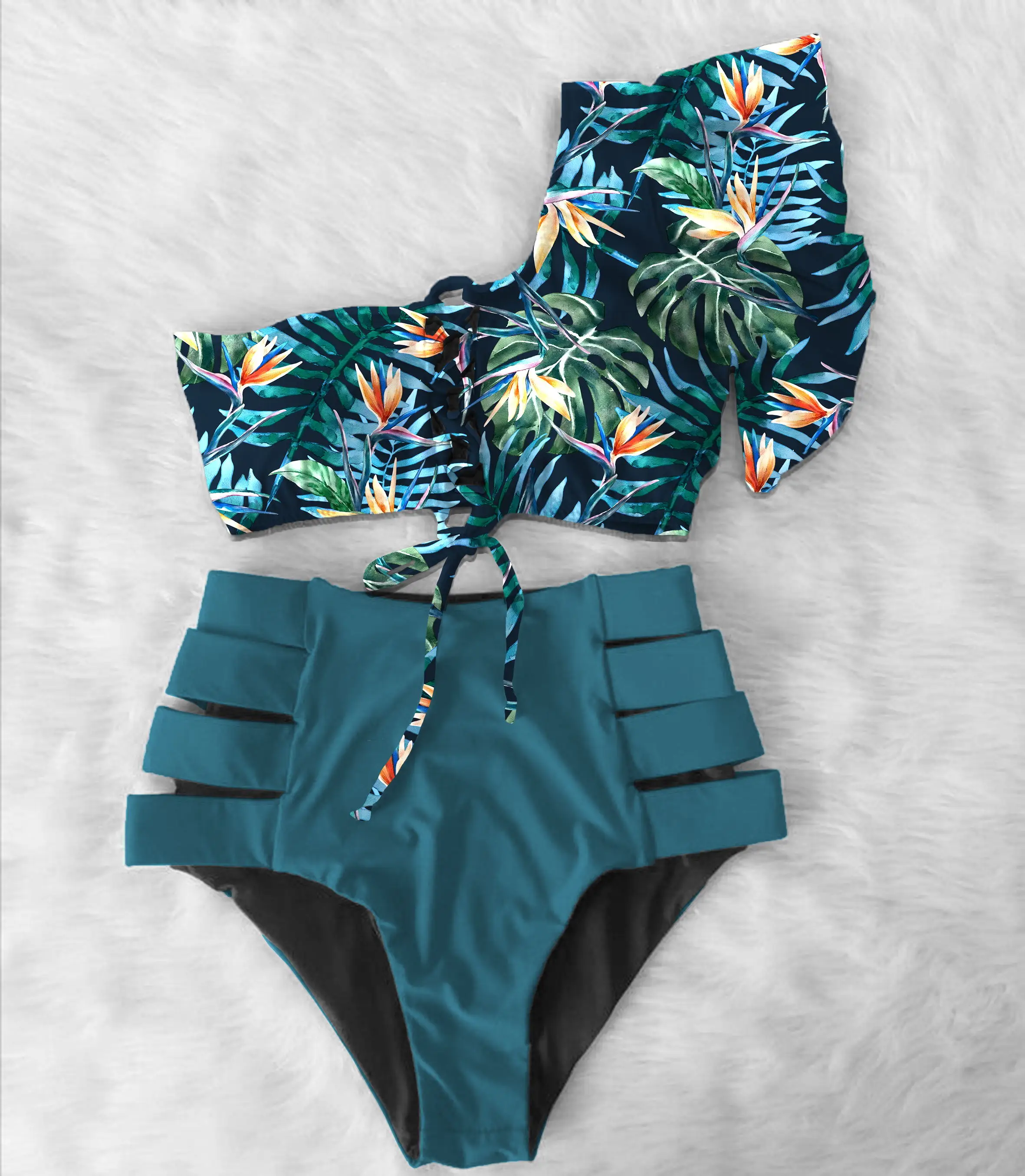 

2020 New High Waist Bikinis Women Swimsuit Double Ruffle Swimwear Print Bikini Set Off The Shoulder Bathing Suits Beach Wear