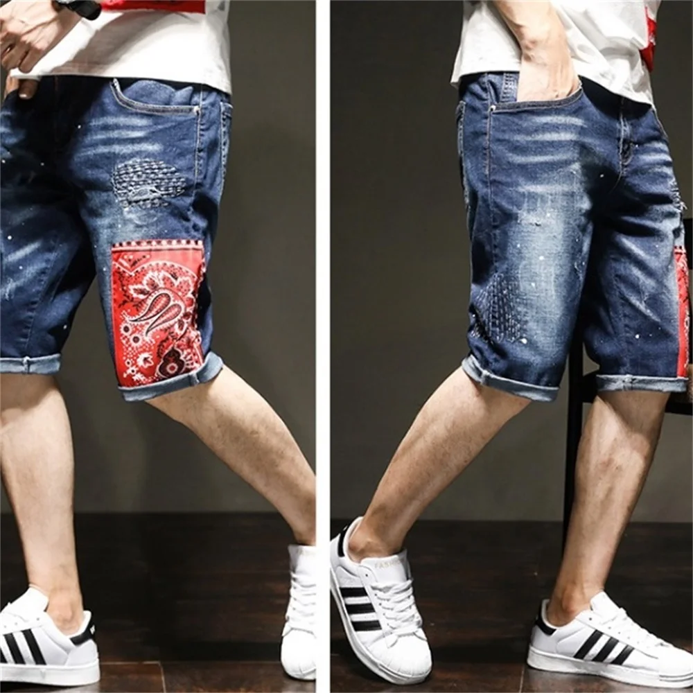 EH·MD® Denim Shorts Men's Painted Pendant Decorate Broken Micro Chapter Embroidery Five-Point Pants Pure Cotton Slim Breathable