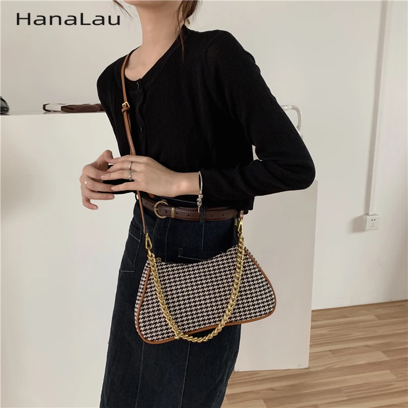 

Новинка, клетчатая Женская сумочка в стиле «гусиные лапки» на цепочке, дамская сумочка в стиле ретро, сумочка-Багет, модные женские сумки-ме...