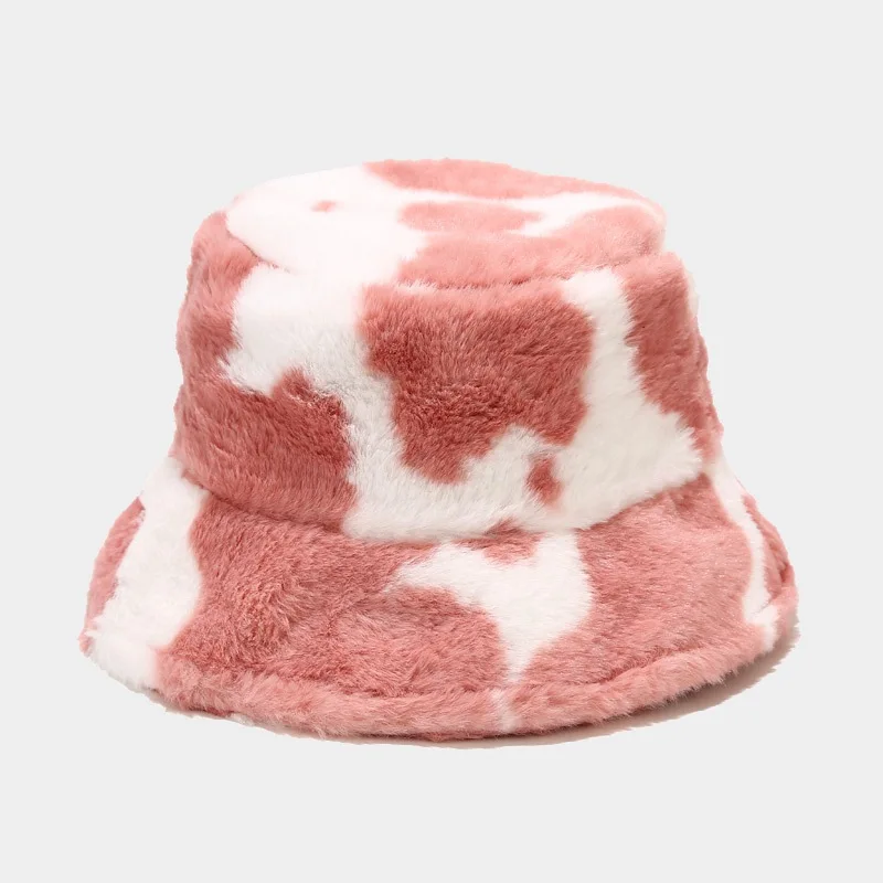 

New Winter Cow Print Plush Bucket Hats for Women Tourism Outdoor Warm Hat Soft Velvet Fisherman Cap Lady Fashion Panama Present
