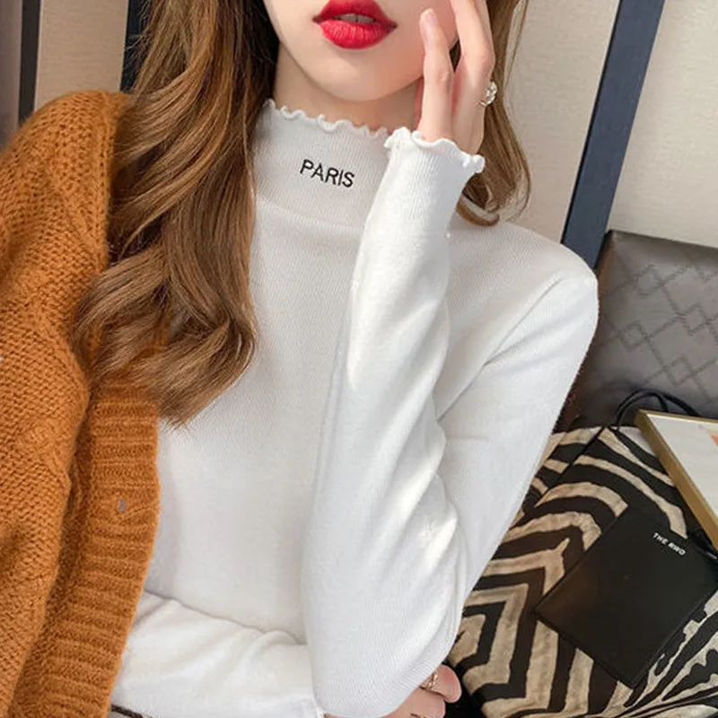 

White Pullover Ribbed Knitted Sweater Autumn Winter Clothes Women 2021 High Neck Long Sleeve Slim Basic Woman Sweaters Tops