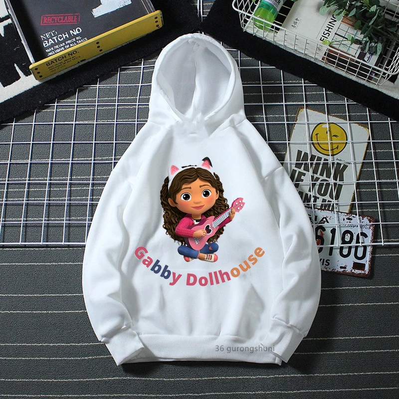 

Gabby'S Dollhouse Graphic Print White Hoody Girls Music Lover Hip Hop Kids Clothes Harajuku Kawaii Children Clothing Sweatshirt