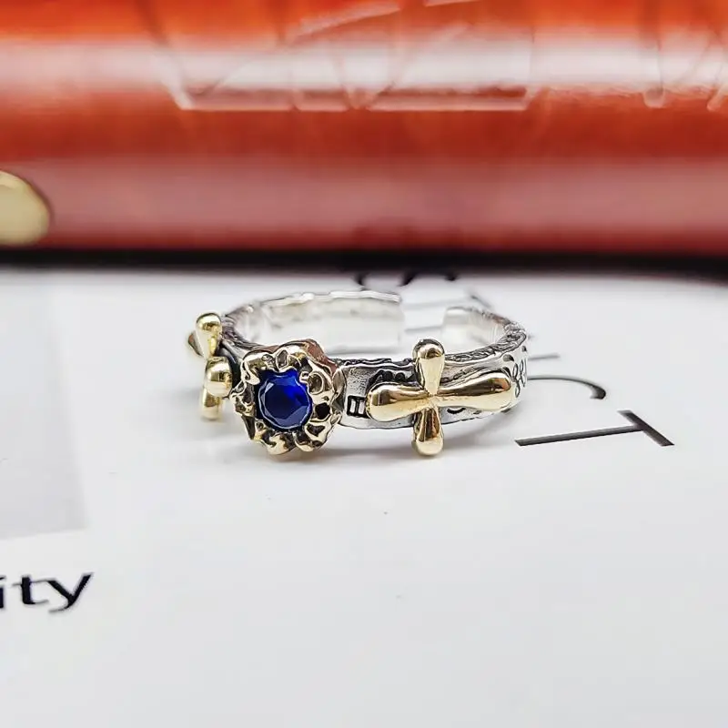 

Classic Religious Style Sacred Gold Plated Cross Metal Rings for Men Women Blue Zircon Retro Open Ring Casual Jewelry Gift