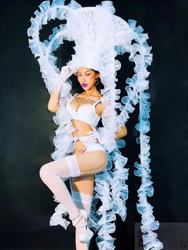 Певица танцевальная Gogogo шоу представление белое кружево сексуальная Медуза