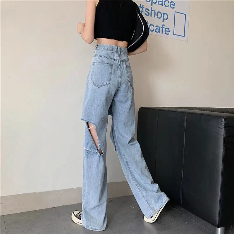 

2021 summer new elegant jeans with holes, women's thin straight tube, high waist, thin and sagging, floor dragging wide leg