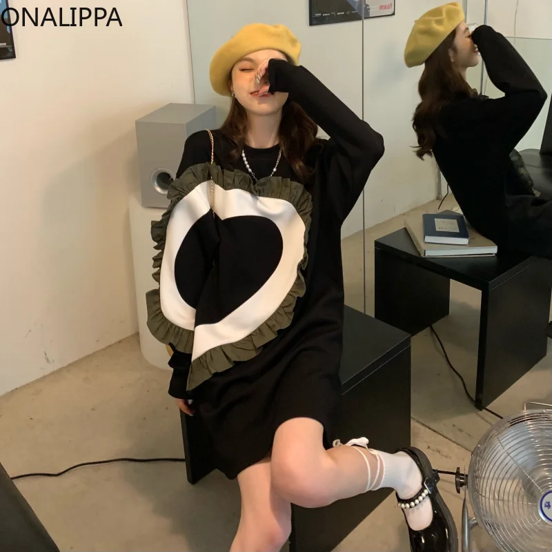

ONALIPPA Women Love Pullover 2021 Autumn New Korean Chic Retro Contrast Color Stitching Ruffles O-neck Loose Long-sleeved Hoodie