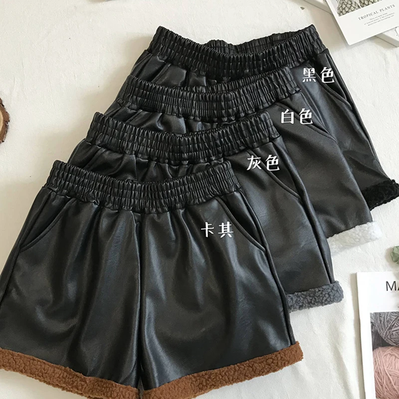 Мягкие корейские осенне-зимние короткие женские кожаные шорты из овечьего меха с