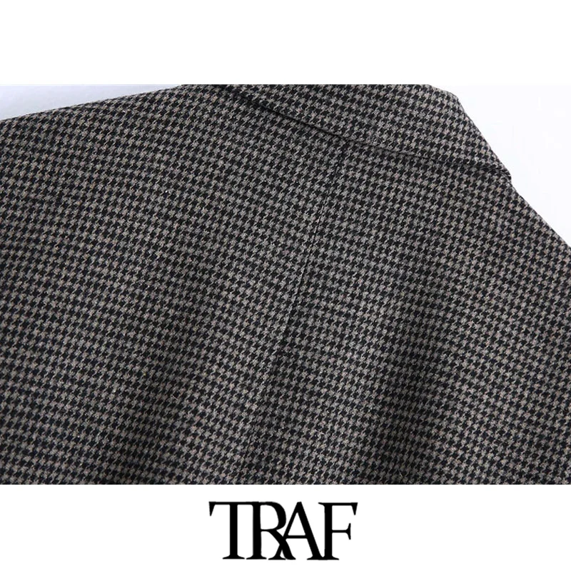 

TRAF Women Fashion Double Breasted Houndstooth Blazer Coat Vintage Long Sleeve Pockets Female Outerwear Chic Tops