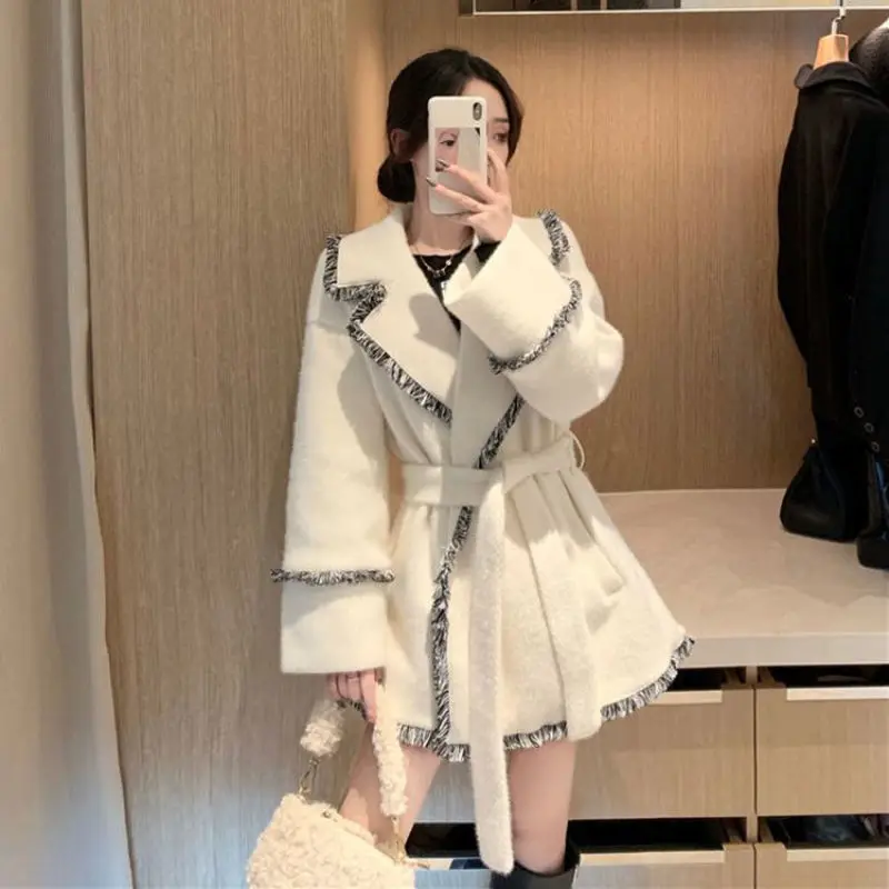 

Шерстяное пальто в клетку из норки, Женское пальто средней и длинной длины с воротником-костюмом и кисточками, хлопковое утепленное Свободн...