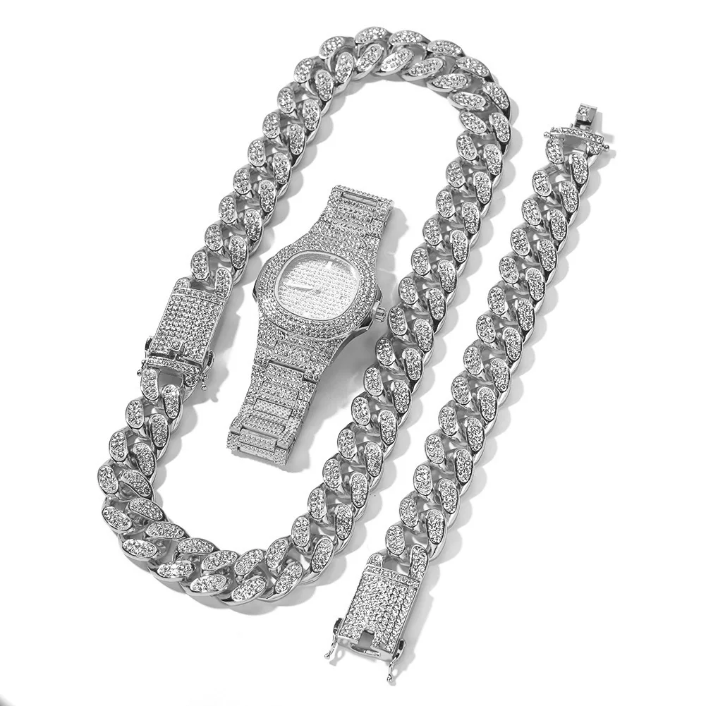 

Silver Color Necklace +Watch+Bracelet Hip Hop Miami Curb Cuban Chain Iced Out Paved Rhinestones CZ Bling Rapper For Men Jewelry